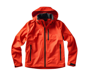 Orange hooded waterproof jacket, isolated on transparent background