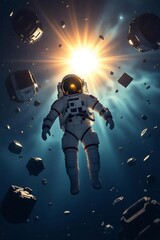 Fototapeta premium Abandoned Astronaut Floating in Space Debris 