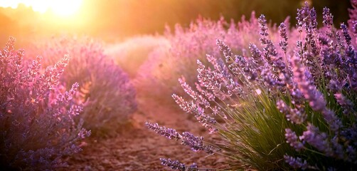 Fototapeta premium Golden sunbeams illuminate vibrant lavender fields creating a serene and tranquil natural landscape scene
