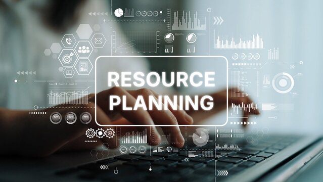 Hands Typing on Keyboard with Overlay Digital Graphics for Resource Planning and Data Management Concepts. Asymptotic smart data analytic.