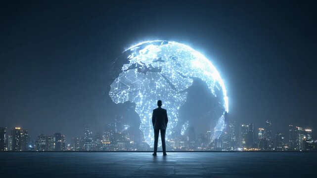 A person gazes at a digital representation of the world, overlooking a city at night.