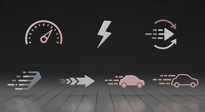 Set of icons representing speed and performance for vehicles and technology.