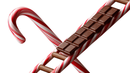 Chocolate Bar Ladder on Candy Canes A Sweet Ascent with Cocoa Rungs and Peppermint Support on a Clear Background