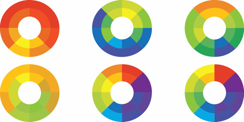 Six colorful circular color wheels with different color combinations and gradients on a white background