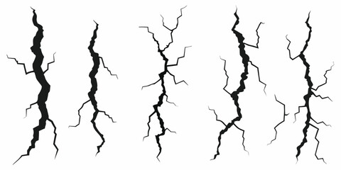 Collection of five black silhouette cracked lines on a white background representing fissures and breaks