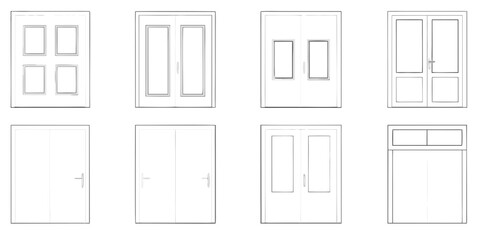 Collection of various modern door and window designs in a clean line art style
