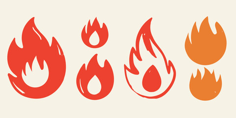 Set of stylized hand drawn fire icons in red and orange colors on a light background