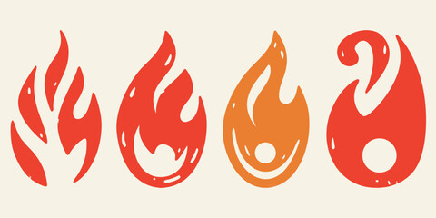Four stylized flame icons in red and orange colors on a light cream background