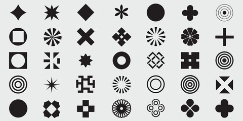 Collection of black geometric abstract shapes and symbols on a light gray background
