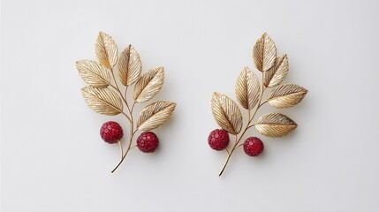 Two gold leaf earrings with red berries