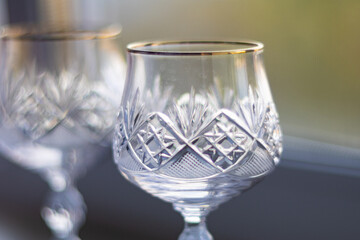 Empty champagne glasses on table, reflection and elegance