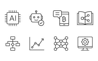 Collection of ai and technology icons representing machine learning neural networks data analytics and smart devices