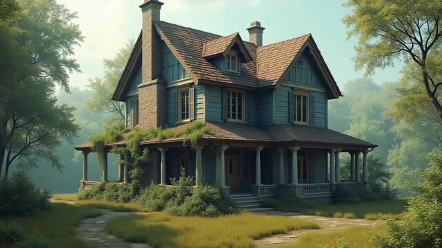 CGI Abandoned rustic house surrounded