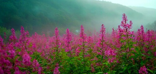 Obraz premium Misty mountain backdrop frames vibrant field of blooming pink wildflowers creating serene natural beauty