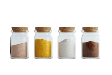 Four glass jars with cork stoppers filled with different types of salt, isolated on transparent background