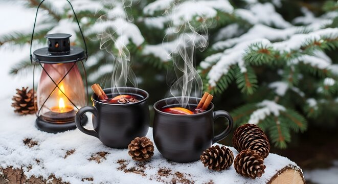 Winter mulled wine christmas lantern snow scene holiday season warm drink cozy festive beverage outdoors 100