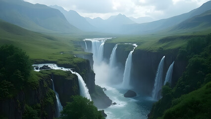 Fototapeta premium Breathtaking Icelandic waterfall cascading through lush green cliffs and misty mountains