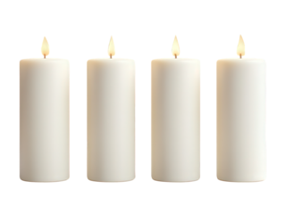 Four white pillar candles with lit wicks, isolated on transparent background