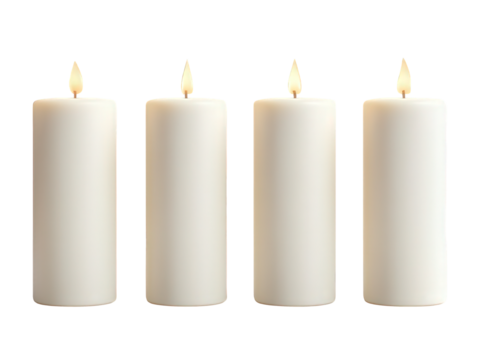 Four white pillar candles with lit wicks, isolated on transparent background