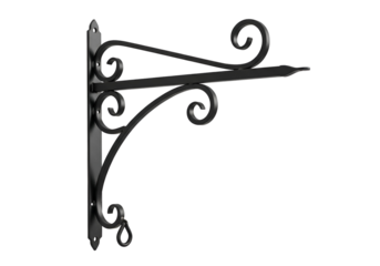 A decorative black metal wall bracket with ornate scrollwork, angled to the right, features a design of elegant swirls and curves.