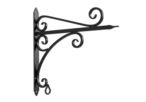 A decorative black metal wall bracket with ornate scrollwork, angled to the right, features a design of elegant swirls and curves.