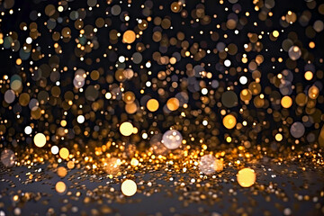Obraz premium Festive background. Abstract golden bokeh background features shimmering lights that create festive and celebratory atmosphere, perfect for holiday themes, invitations or event decorations. Christmas
