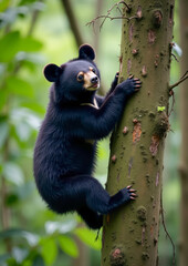 Obraz premium A sun bear climbing up a tall rainforest tree trunk