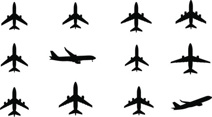 various airplane silhouettes arranged neatly on transparent background
