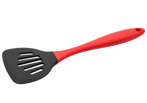 A red-handled, black-bladed spatula with perforations, angled against a black background, presents a simple, yet effective kitchen utensil.