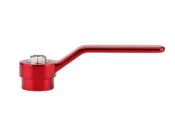 A glossy, vibrant red lever handle, with a metallic fastener, is presented against a stark black background.