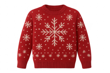 Red christmas sweater with snowflake pattern on transparent background