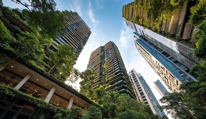 Obraz premium Panoramic View of Modern Green Buildings with Sustainable Materials under Clear Blue Sky, Energy Efficient Design