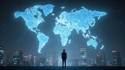 Global connectivity showcased against a vibrant cityscape at night, featuring a world map overlaid with intricate digital network connections. - Powered by Adobe