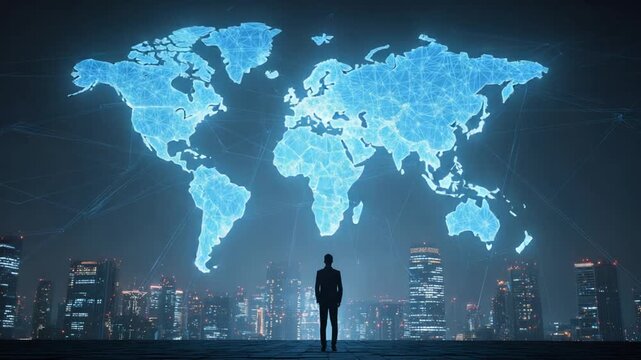 Global connectivity showcased against a vibrant cityscape at night, featuring a world map overlaid with intricate digital network connections. - Powered by Adobe
