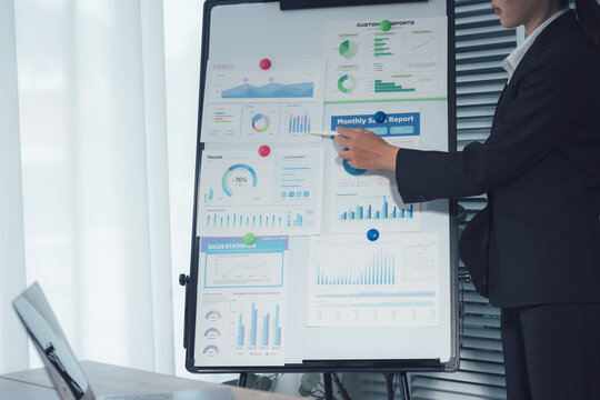 Analyzing Business Data: A focused individual presents insightful business data on a flip chart, highlighting key performance indicators. The environment conveys strategic planning, market analysis.