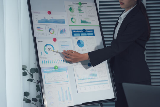 Strategic insights presentation: A professional business woman confidently points to charts, graphs, and data analysis in an office setting.