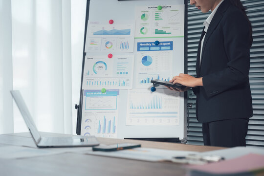 Analytical Insights: A business professional analyzes intricate data visualizations displayed on a presentation board, equipped with a laptop and tablet.
