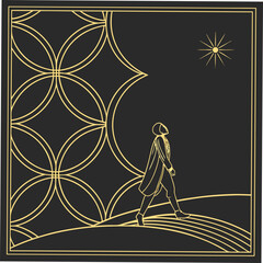 Art Deco Astronaut Walking Under Geometric Pattern and Sun