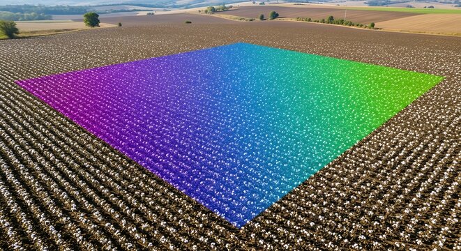 Digital transformation in agriculture showing an aerial drone view of a crop field with a spectral analysis data overlay