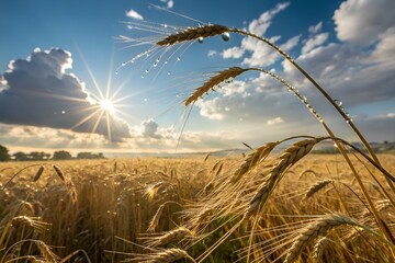 Golden wheat field at sunrise with morning dew drops on stalks; a beautiful agricultural landscape of a farm at harvest time under a blue sky with sunburst.
AI-generated image, 