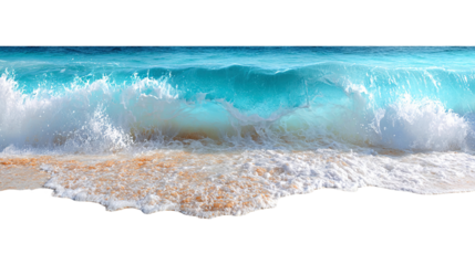 Ocean wave crashing on sandy beach isolated on a transparent white background, clipping path