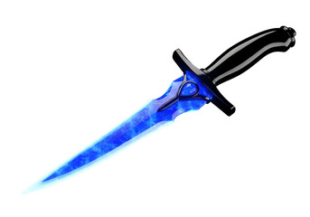 Fototapeta premium Striking, stylized dagger with a vibrant blue blade against a stark black background.