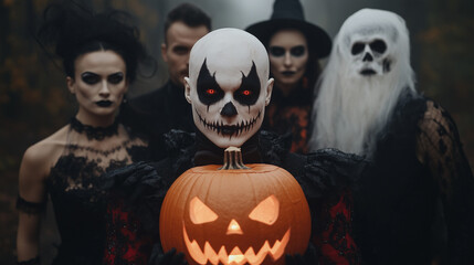 Ai halloween celebration with spooky characters in a misty forest at night featuring a carved pumpkin