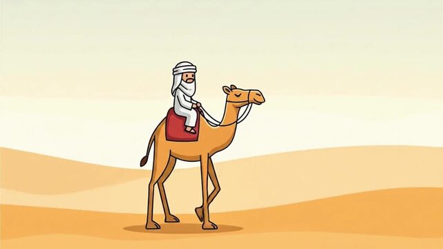 Cartoon illustration of a traditional Arab man in white robes and a turban riding a smiling camel across a vast desert landscape.
