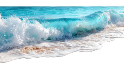 Ocean wave crashing on sandy beach isolated on a transparent white background, clipping path