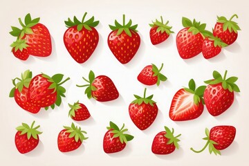Set of vector strawberry icons in flat style, whole and sliced, isolated on white background. Ideal for food design, packaging, menus, branding, digital projects, app ui, labels, posters, websites