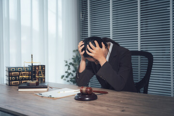 The Pressure of Law: A pensive professional in a somber office setting, overwhelmed by the weight of their responsibilities. An atmosphere of deep contemplation and introspection in the legal world.