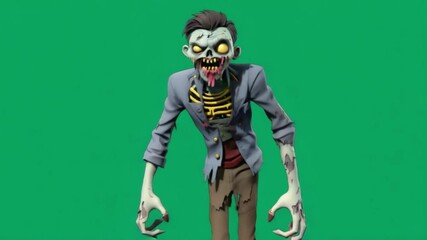 Cartoon zombie with open mouth and tongue hanging out on a green screen background in full view green screen video