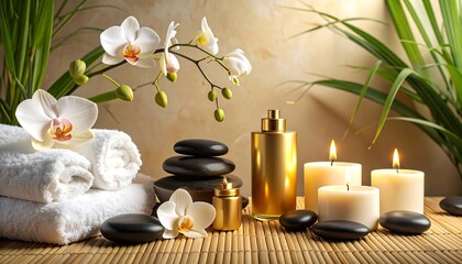 A serene spa setting showcasing white orchids, luxurious towels, smooth stones, and warm golden tones.