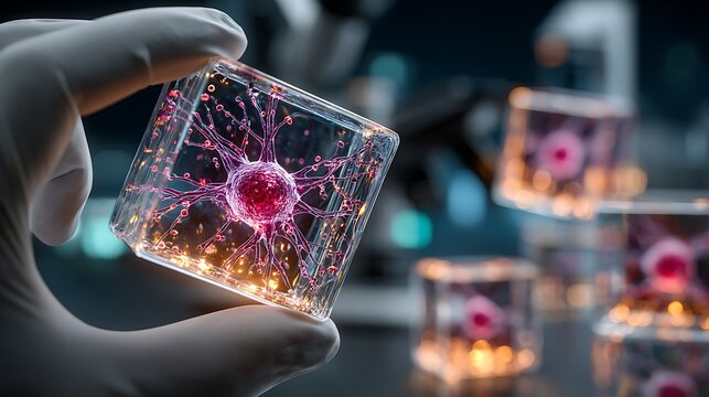 Gloved hand holds cube with glowing neuron model